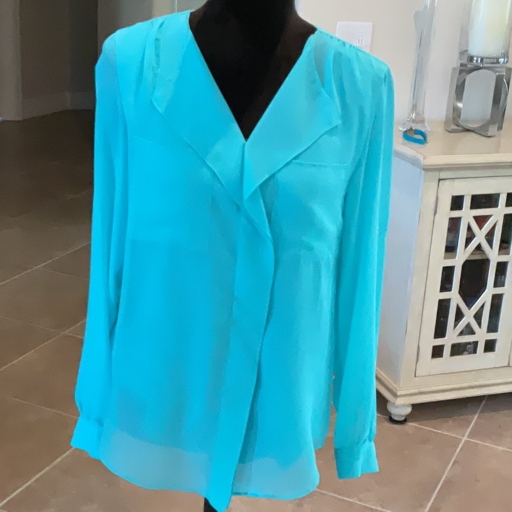Calvin Klein ruffle front top, long sleeves, aqua blue, size XS - Picture 1 of 6